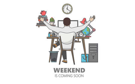Flat Style Vector Graphics of Businessman Relax in the Office. Weekend coming soon.のイラスト素材