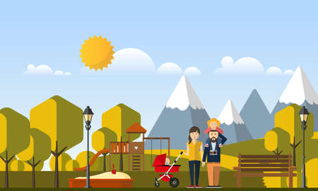 Happy Big Family in The Park Flat Style Vector Illustration Eps10のイラスト素材