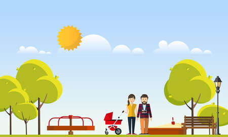 Happy Big Family in The Park Flat Style Vector Illustration Eps10のイラスト素材