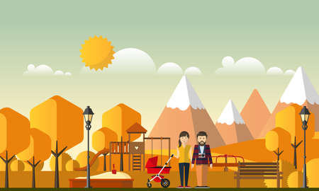 Family Autumn Background. Happy family in autumn park.のイラスト素材