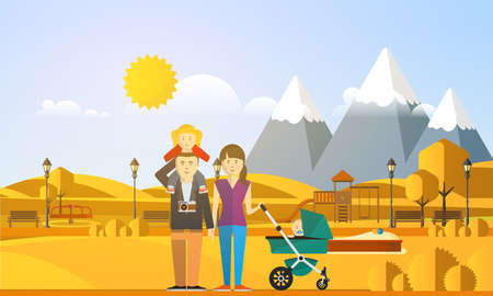 Family Autumn Background. Happy family in autumn park.のイラスト素材