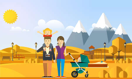 Family Autumn Background. Happy family in autumn park.のイラスト素材