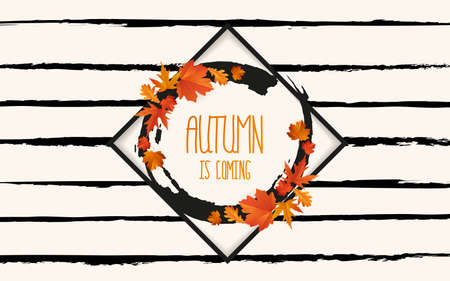 Autumn Background. Banner with maple leaves frame and trendy Autumn brush lettering. Seasonal Fall sale cardのイラスト素材