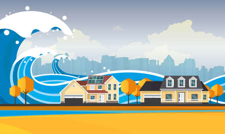 Tsunami, Flood Disaster, Vector Illustration. Overflooded Landscape.のイラスト素材