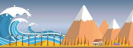 Tsunami, Flood Disaster, Vector Illustration. Overflooded Landscape.のイラスト素材