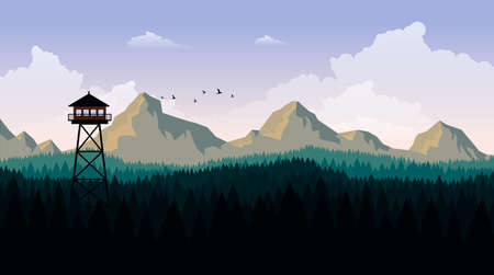 Vector Art Landscape with Fire Lookout Towerのイラスト素材