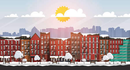 Vector Art Frozen Urban Scene. snow covered street in Brooklyn during a blizzardのイラスト素材