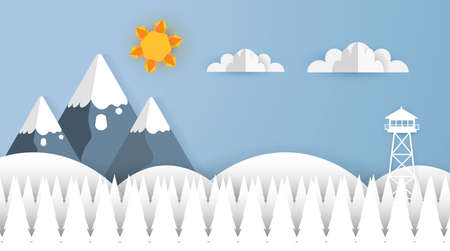 Paper Cut Out Art illustration Scene Vector. Landscape Background.のイラスト素材