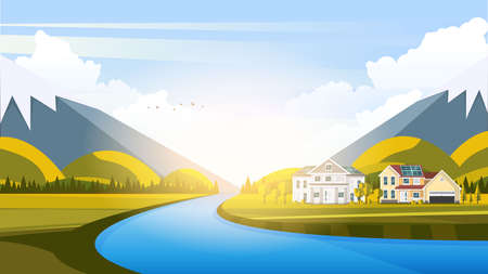 Vector Beautiful Flat Illustration Style Landscape in Spring  Summer. River Mountains and Trees.のイラスト素材
