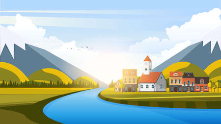 Vector Beautiful Flat Illustration Style Landscape in Spring  Summer. River Mountains and Trees.のイラスト素材