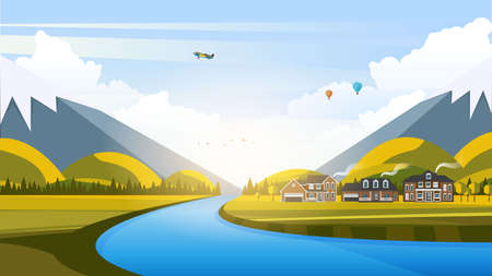 Vector Beautiful Flat Illustration Style Landscape in Spring  Summer. River Mountains and Trees.のイラスト素材