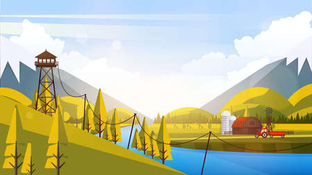 Flat Vector Landscape Illustration in Autumn, with wooden house.のイラスト素材