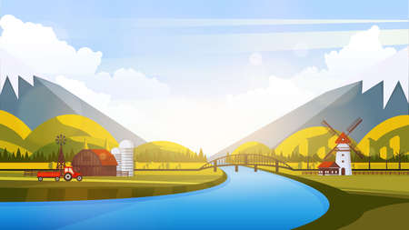 Vector Beautiful Flat Illustration Style Landscape in Spring  Summer. River Mountains and Trees.のイラスト素材