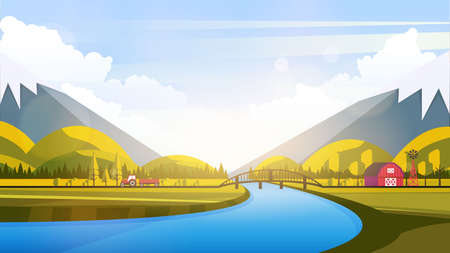 Vector Beautiful Flat Illustration Style Landscape in Spring  Summer. River Mountains and Trees.のイラスト素材