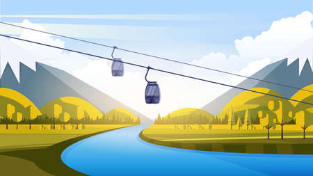 Vector Beautiful Flat Illustration Style Landscape in Spring / Summer. River Mountains and Trees.