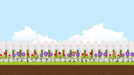 Beautiful flower bed vector illustration. Flowering garden in spring. Landscape background.のイラスト素材