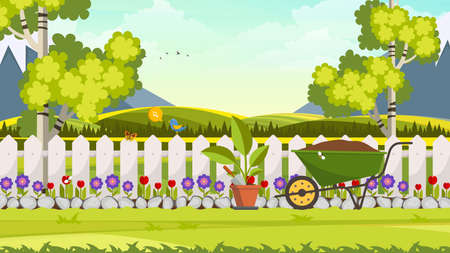 Beautiful Flower Bed Vector Illustration. Flowering Garden in Spring. Landscape Background.のイラスト素材