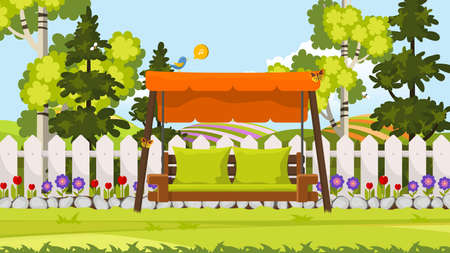 Beautiful Vector Backyard, Flower Bed, Trees, Fence And Swing Chair.のイラスト素材