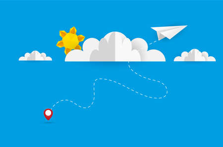 Paper plane flying between clouds. Modern origami background. Business concept design. Eps10 vector illustration.のイラスト素材