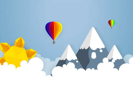 Vector origami made colorful hot air balloon and cloud.paper art and digital craft style.のイラスト素材