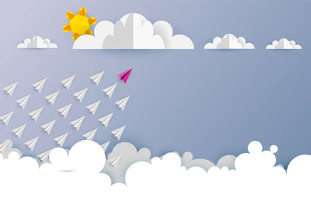 Paper airplanes in shape of arrow shape flying from clouds on blue sky.Paper art style of business teamwork creative concept idea.Vector illustrationのイラスト素材