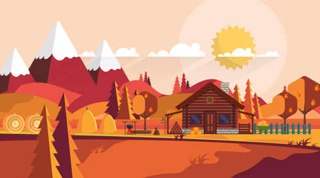 Flat illustration of Countryside Farm Landscape in Autumn. Vector Design.のイラスト素材