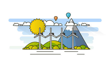 Ecology Concept, Banner Template in Flat Style. Vector Illustration. Wind Turbines, Green Energy Technology.のイラスト素材