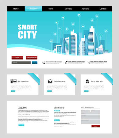 One Page Website Template with Flat Illustration of Smart City Header Designのイラスト素材
