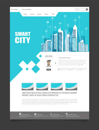 One Page Website Template with Flat Illustration of Smart City Header Designのイラスト素材