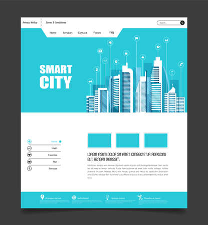 One Page Website Template with Flat Illustration of Smart City Header Designのイラスト素材