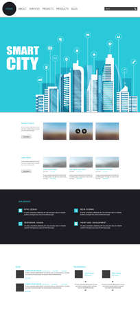 One Page Website Template with Flat Illustration of Smart City Header Designのイラスト素材