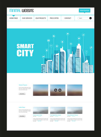 One Page Website Template with Flat Illustration of Smart City Header Designのイラスト素材