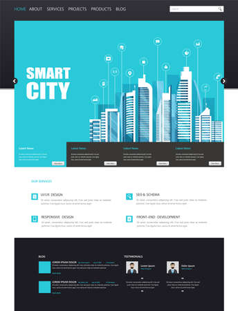 One Page Website Template with Flat Illustration of Smart City Header Designのイラスト素材