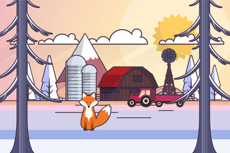 Winter Landscape In Sunset Background. Flat Vector Illustrationのイラスト素材
