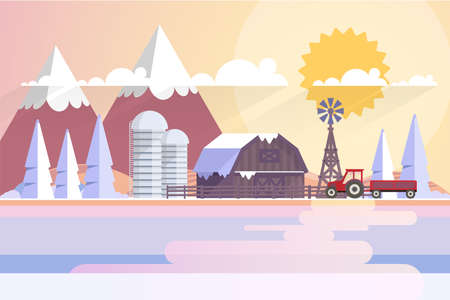 Winter Landscape In Sunset Background. Flat Vector Illustrationのイラスト素材