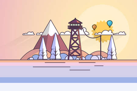 Winter Landscape In Sunset Background. Flat Vector Illustrationのイラスト素材