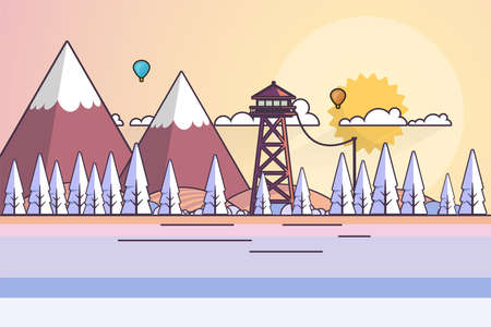 Winter Landscape In Sunset Background. Flat Vector Illustrationのイラスト素材