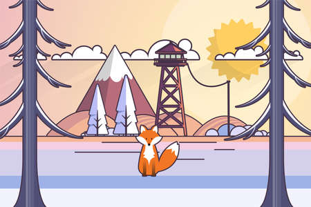 Winter Landscape In Sunset Background. Flat Vector Illustrationのイラスト素材