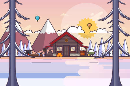 Winter Landscape In Sunset Background. Flat Vector Illustrationのイラスト素材