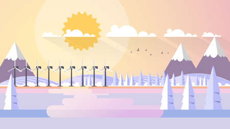 Winter Landscape In Sunset Background. Flat Vector Illustrationのイラスト素材