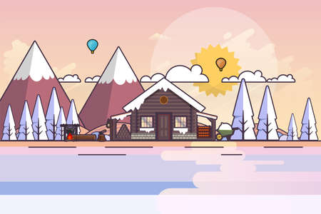 Winter Landscape In Sunset Background. Flat Vector Illustrationのイラスト素材