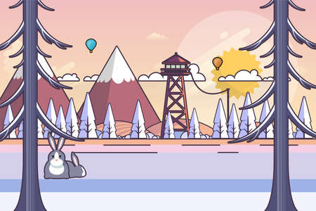 Winter Landscape In Sunset Background. Flat Vector Illustrationのイラスト素材