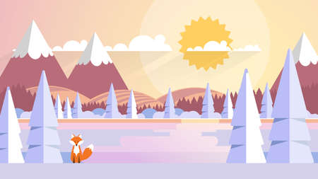 Winter Landscape In Sunset Background. Flat Vector Illustrationのイラスト素材