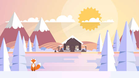 Winter Landscape In Sunset Background. Flat Vector Illustrationのイラスト素材