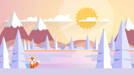 Winter Landscape In Sunset Background. Flat Vector Illustrationのイラスト素材