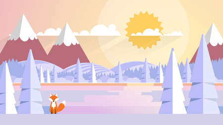 Winter Landscape In Sunset Background. Flat Vector Illustrationのイラスト素材