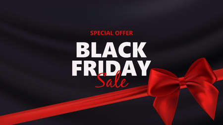 Black friday sale with typographic background with photorealistic bow and place for text. Vector illustration.のイラスト素材