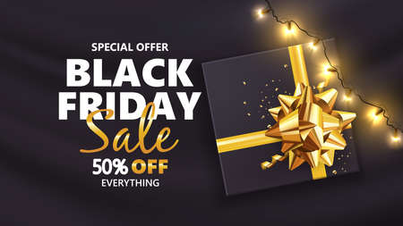 Black friday sale with gift box and golden bow.のイラスト素材