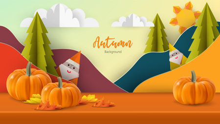 Autumn table design with pumpkins. Paper art and craft style. Vector illustration.のイラスト素材