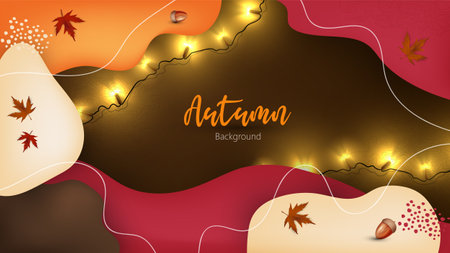 Autumn background with maple leaves, acorns and lights. Vector illustration.のイラスト素材